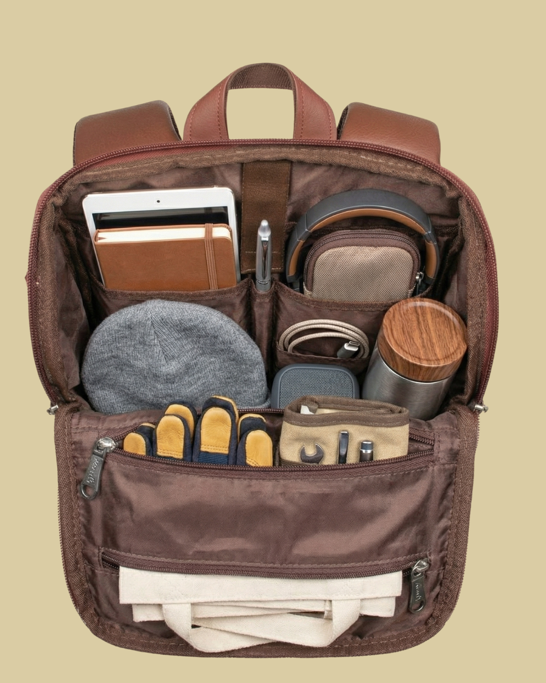 Open brown backpack with various items on a beige background