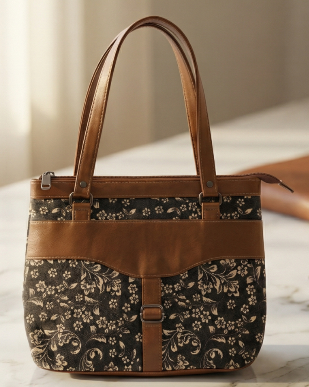 Floral-patterned handbag with brown leather accents on a light surface.