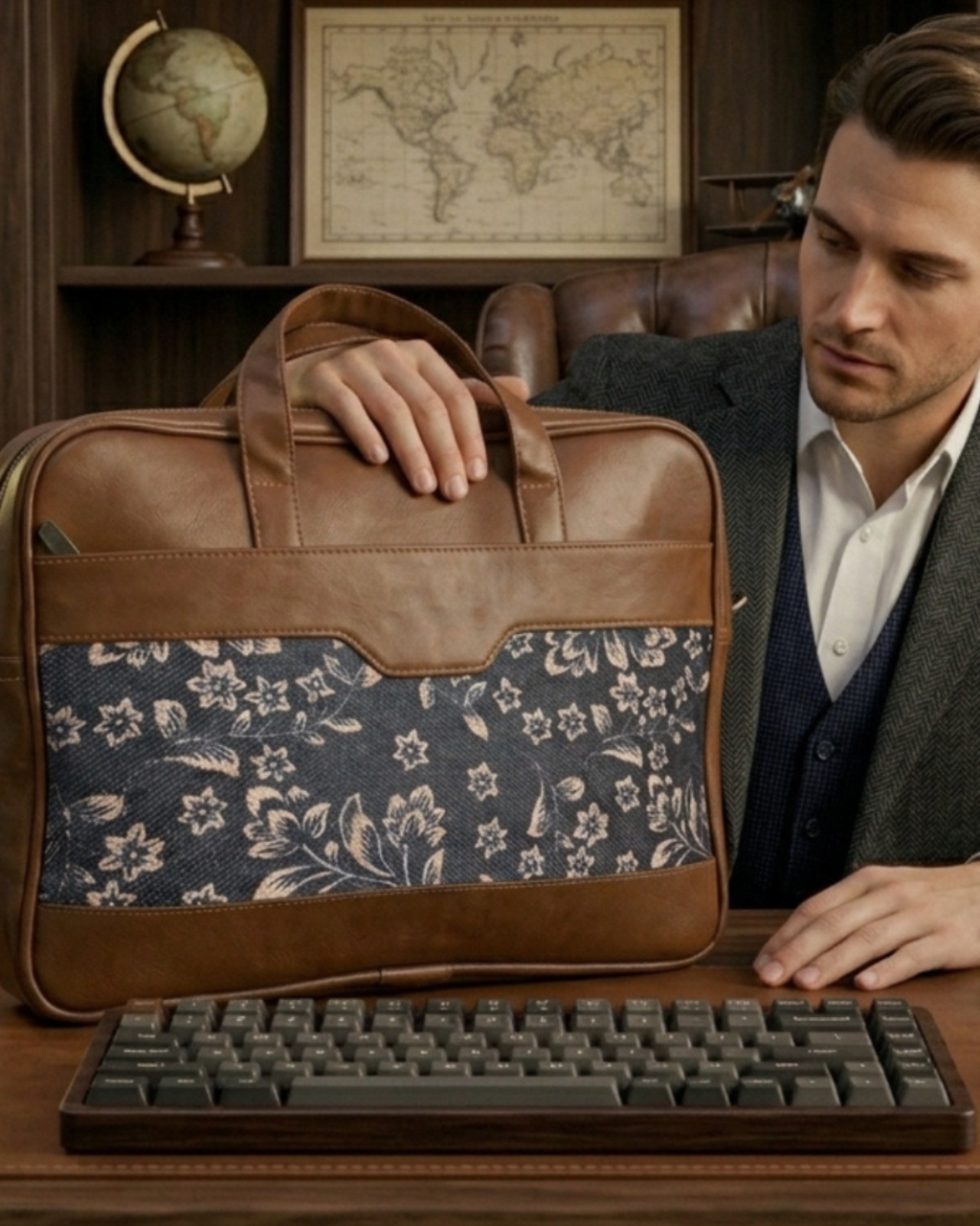 Man holding a brown leather briefcase with floral pattern in an office setting