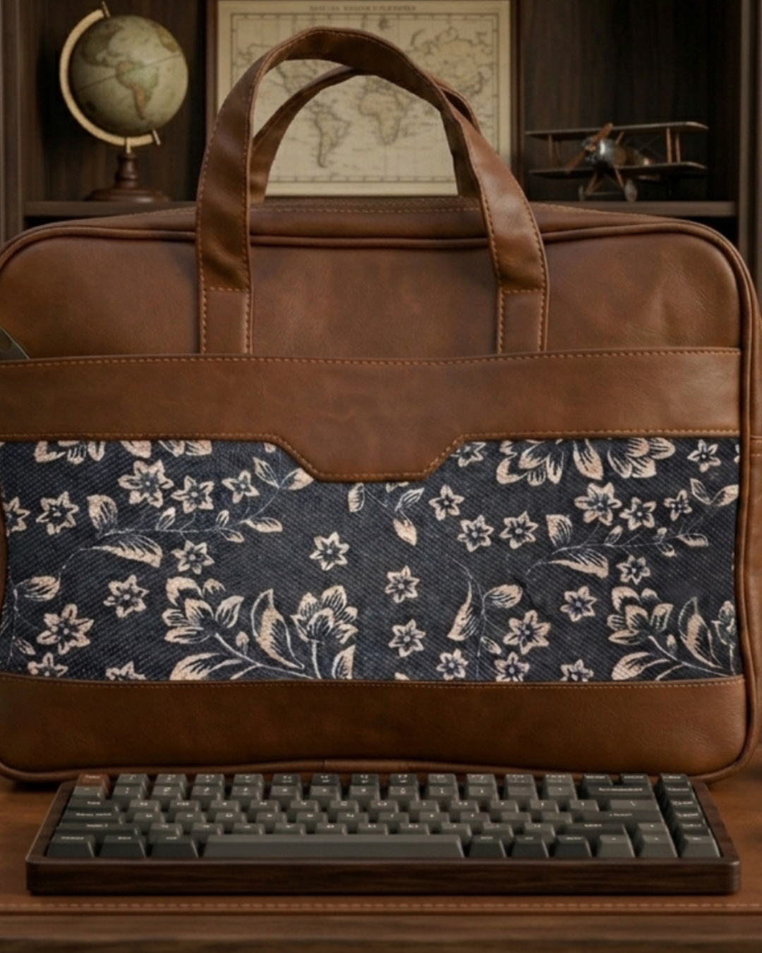 Brown leather and floral fabric briefcase on a wooden surface with a keyboard in front.