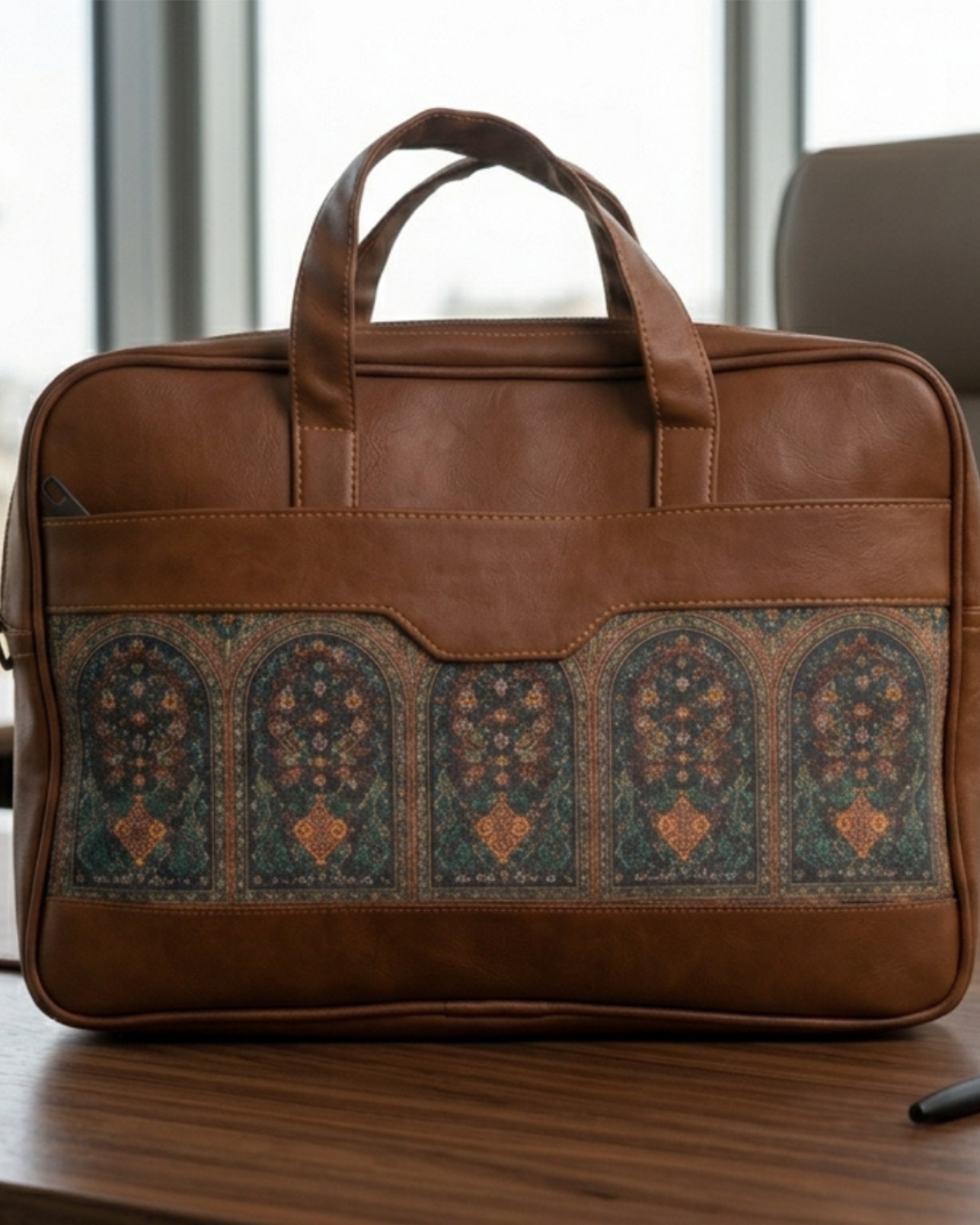 Brown leather bag with decorative patterns on a wooden surface
