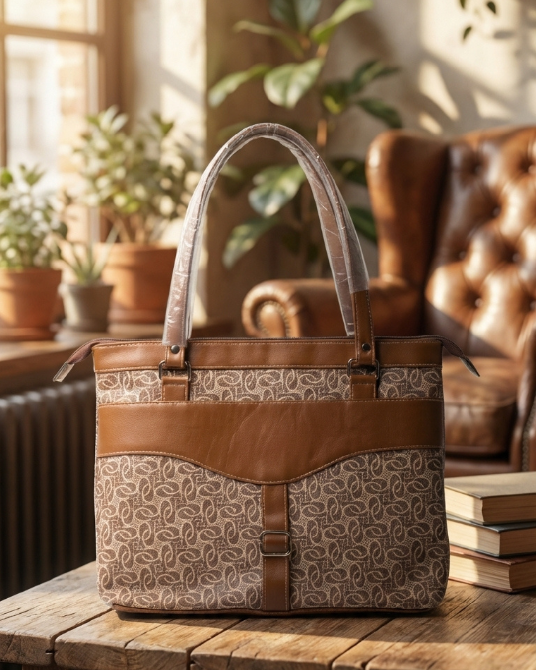 Brown and beige patterned handbag on a wooden table with a cozy indoor background.