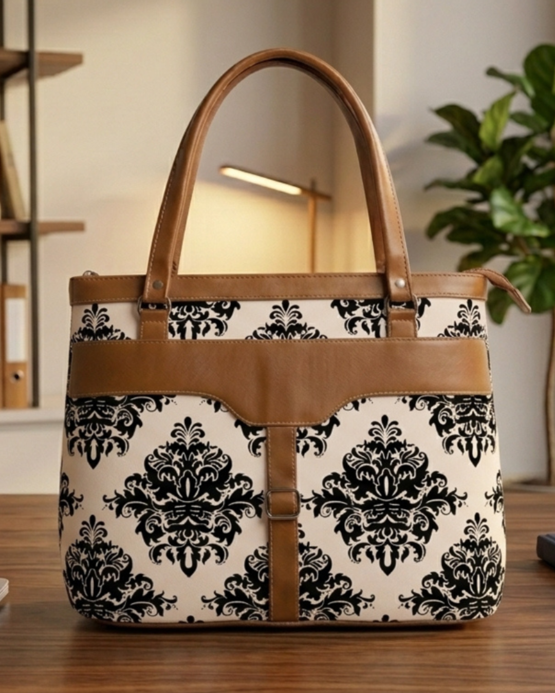 Tote bag with black floral pattern and brown leather accents on a wooden surface.