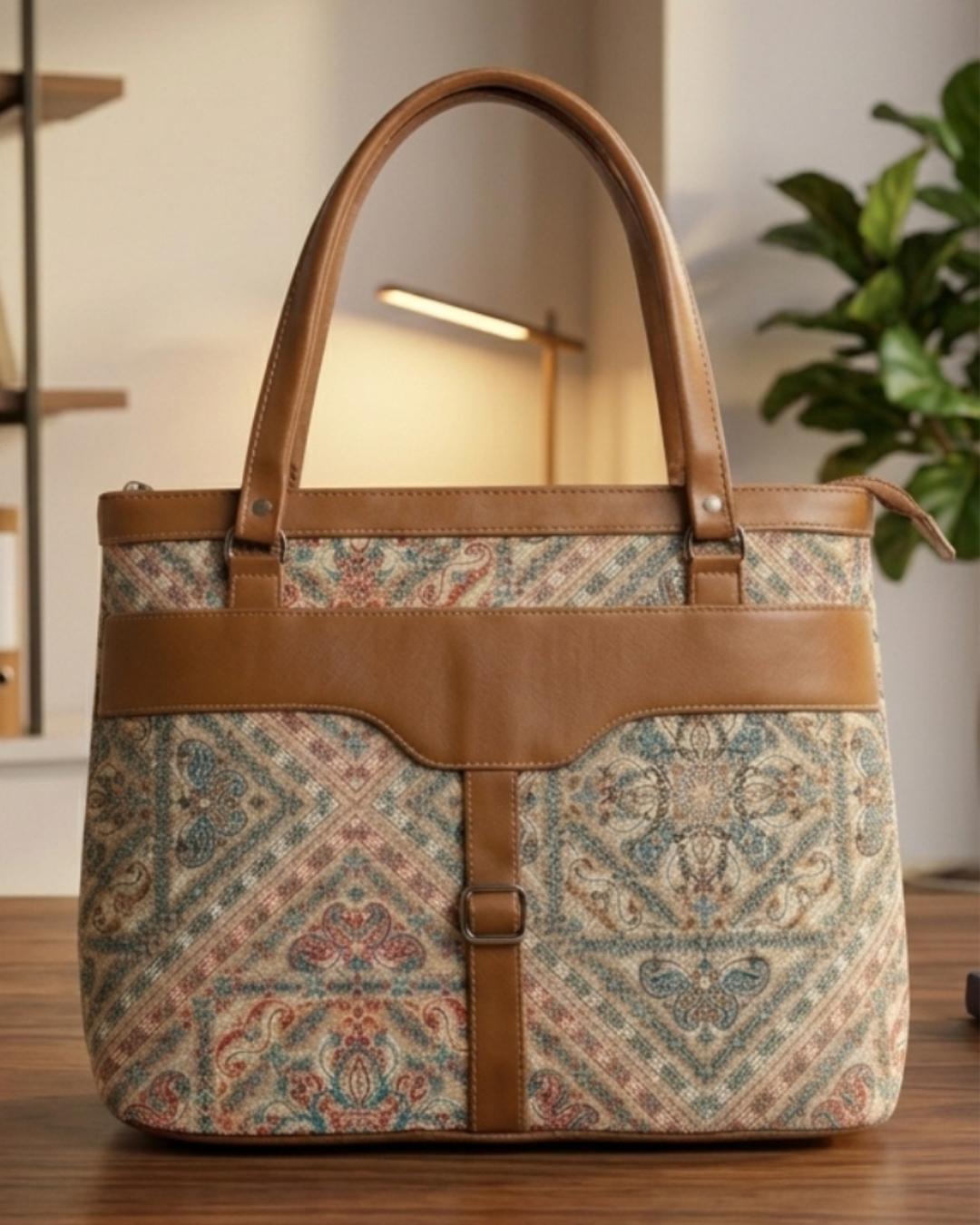 Patterned handbag with brown leather straps on a wooden surface.