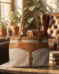 Beige and brown patterned handbag on a wooden table with a cozy indoor background.
