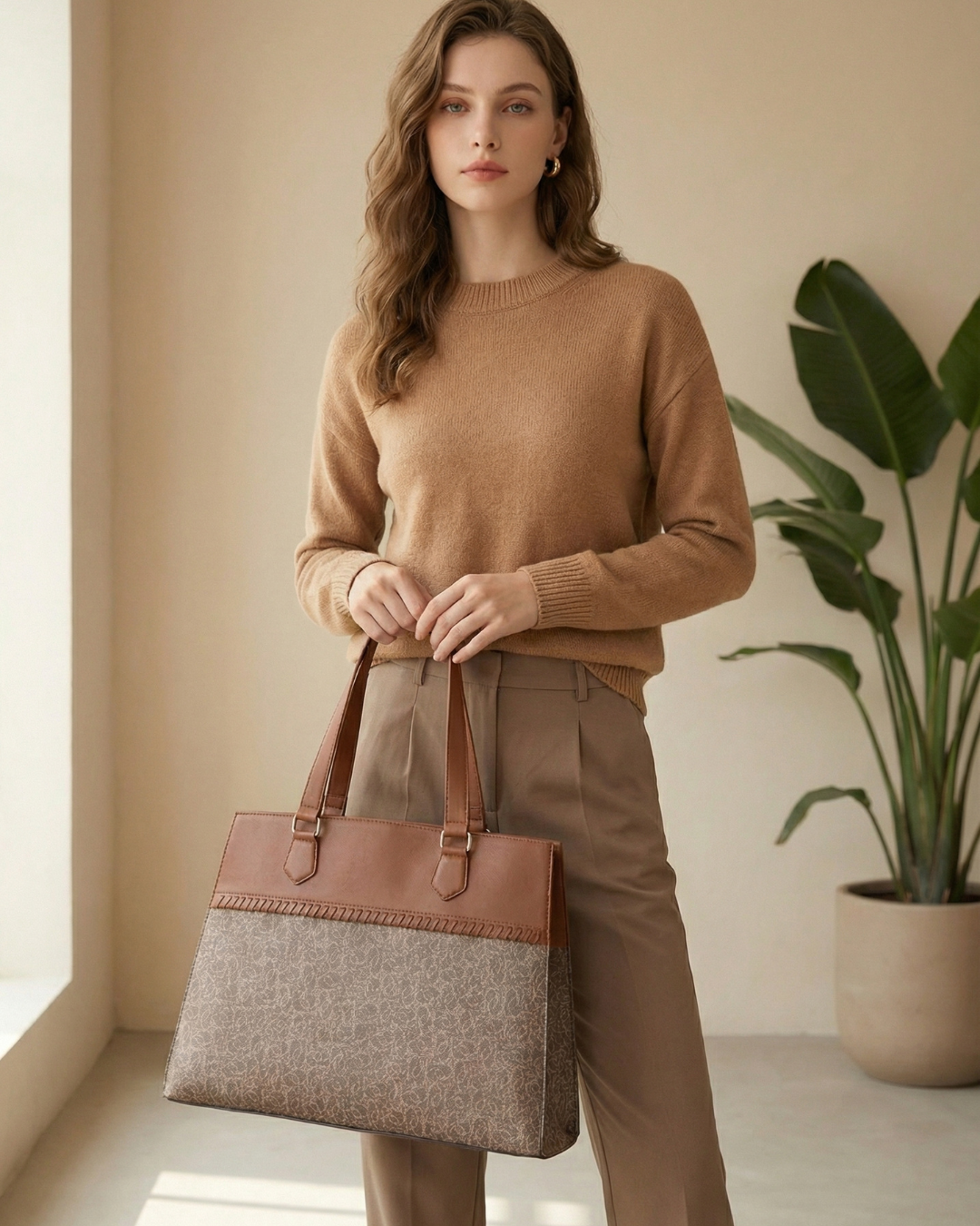 Woman holding a brown and beige tote bag in a room with a plant.