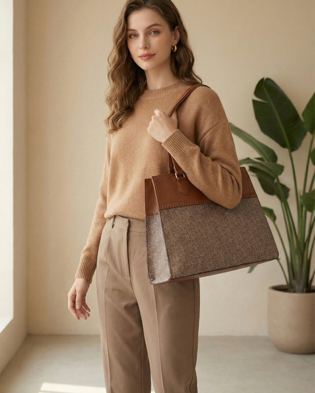 Woman holding a brown and beige handbag in a room with a plant