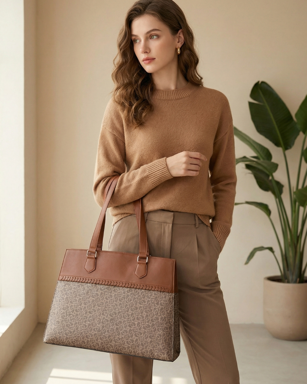 Woman holding a brown and beige handbag in a room with a plant.