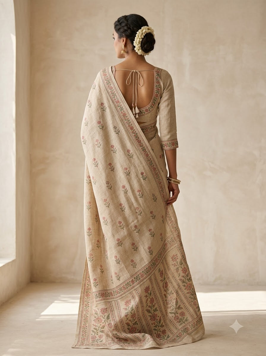HandyJute Women's Beige Floral Printed Cotton Linen Saree