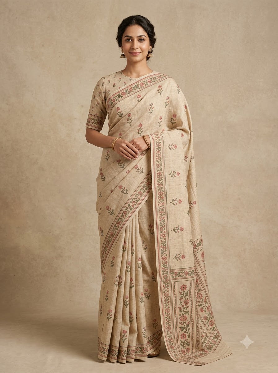HandyJute Women's Beige Floral Printed Cotton Linen Saree