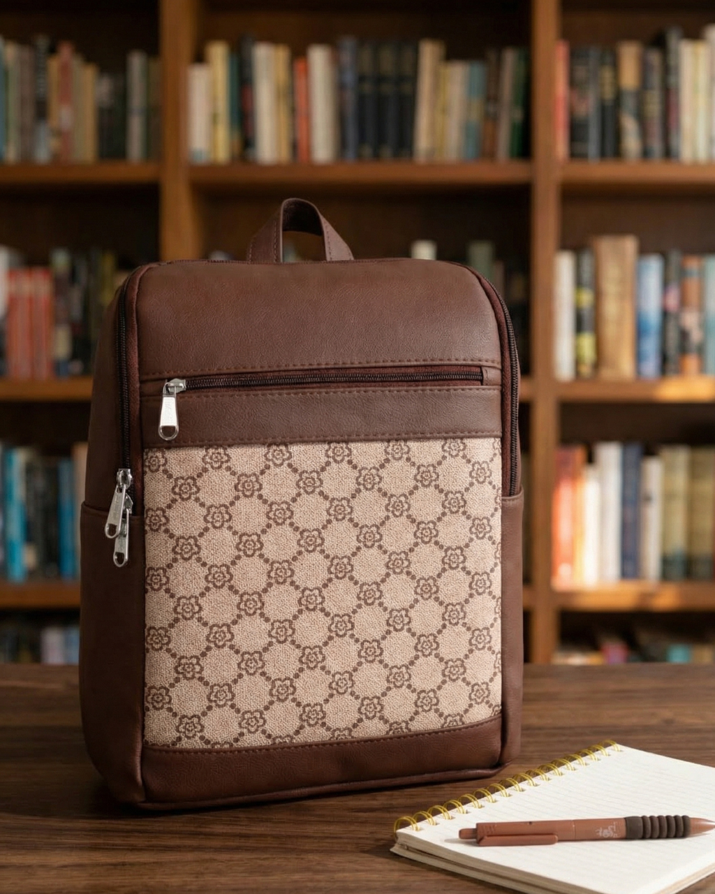 Brown and beige patterned backpack on a wooden surface with a bookshelf in the background
